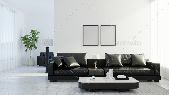 Mock Up In Modern Living Room Interior, Coffee Tables With Black Leather Couch