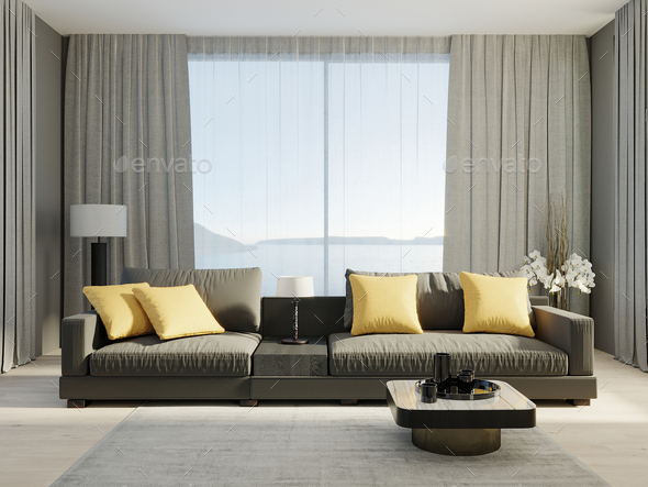 Dark Sofa With Bright Yellow Pillows, Grey Sofa Living Room Curtains