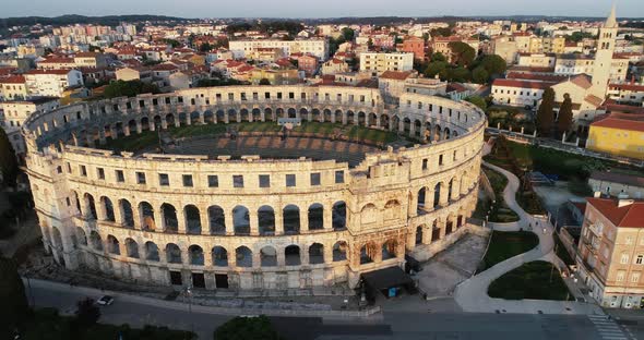 Aerial view of Pula arena and amphitheater in Pula old town, Croatia. alt