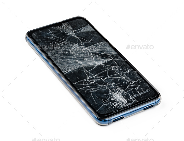 Smartphone with a damaged screen isolated on white background