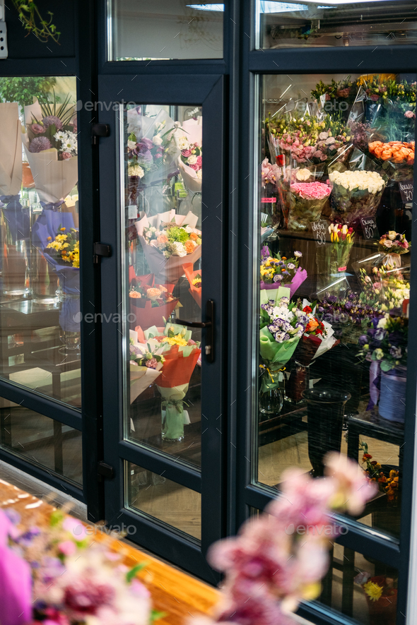 flowers shop refrigerator. Flowers for sale in a special cold room, warehouse with air conditioning