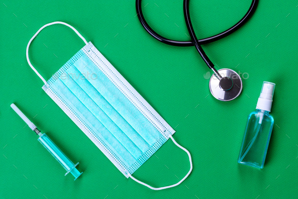 Medical supplies on a colored background