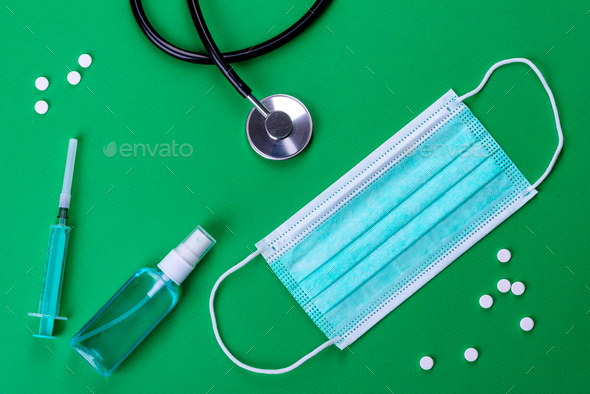Medical supplies on a colored background