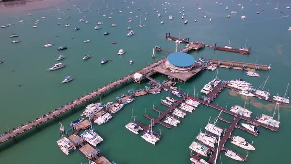 Aerial View Top down Drone shot of Yacht and sailboat parking in marina Transportation and travel alt