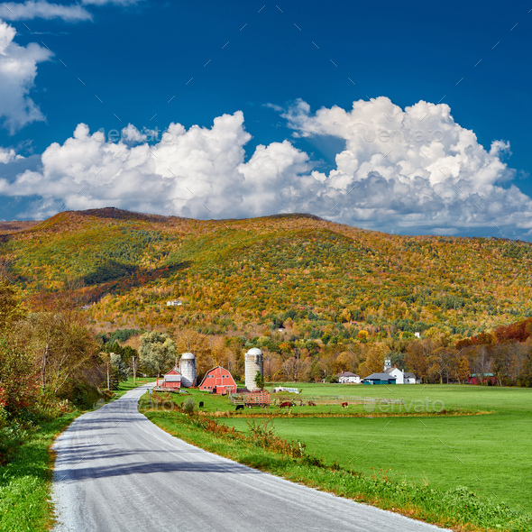 Farm with red barn and silos in Vermont - Stock Photo - Images