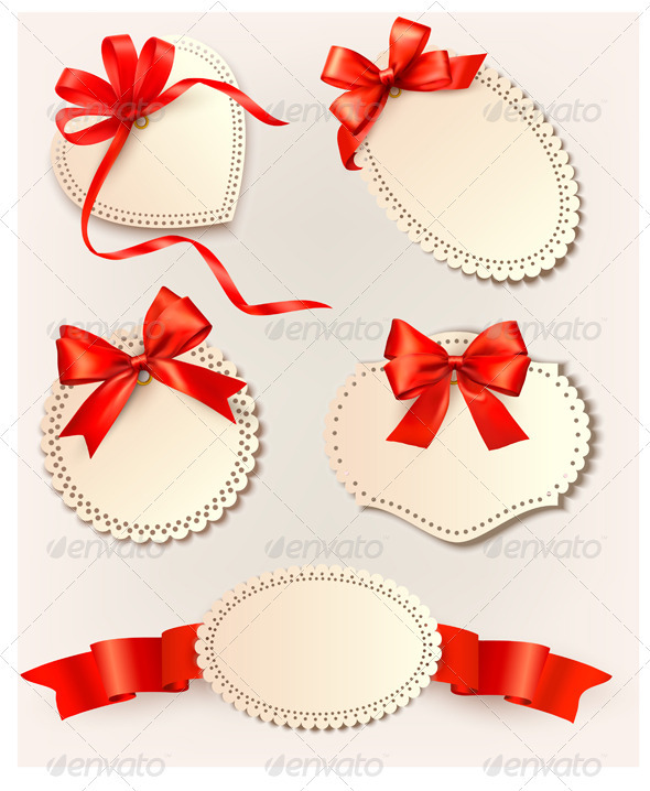 Set of beautiful tags with red gift bows with ribb - Christmas Seasons/Holidays