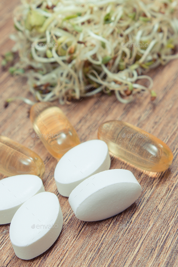 Radish sprouts containing vitamins and tablets supplements. Choice