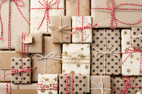 Christmas wrapping. Gift box, present with craft wrapping paper