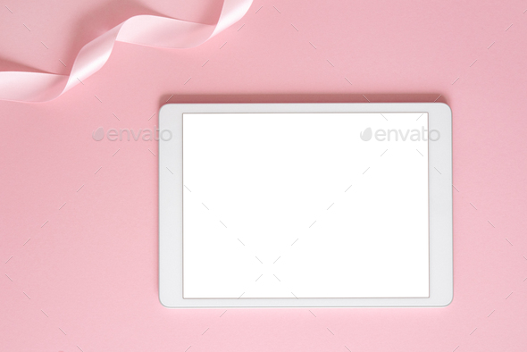 iPad pro tablet with white screen on pink color background . Flatlay.  Office background Stock Photo by sablyaekaterina