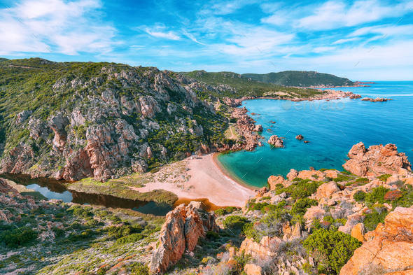 Captivating view of Li Cossi beach on Costa Paradiso resort. Stock ...