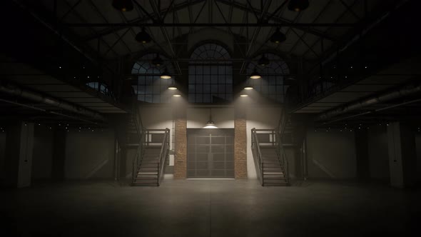 Lights gradually turning on in the large loft hall or warehouse at night. alt