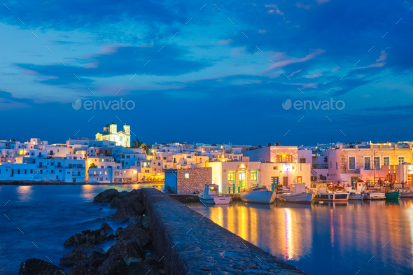 Picturesque Naousa town on Paros island, Greece in the night - Stock Photo - Images