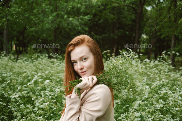 Healing Power of Nature, Benefits Of Ecotherapy, Nature Impact Wellbeing. Happy Redhead woman