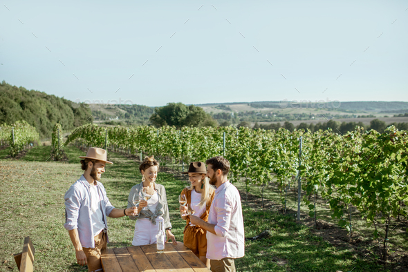 Friends tasting wine on the vineyard