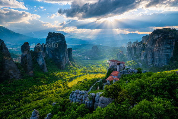 Sunset over monasteries of Meteora - Stock Photo - Images