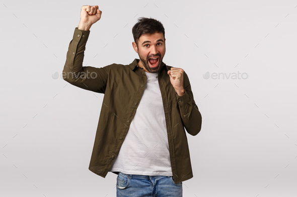 Hooray you did it, congratulations. Cheerful excited man encourage girlfriend did great job, say yes
