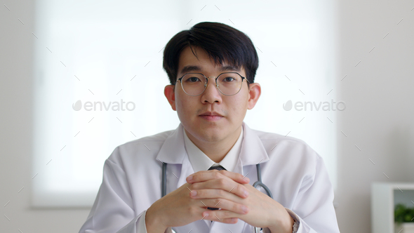 POV screen of young asia people or male doctor live speak talk look at camera