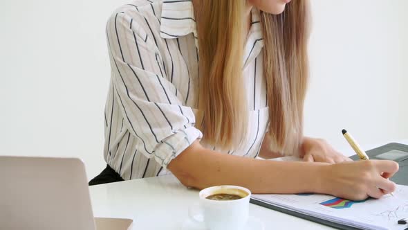 Blonde Business Woman Working at Modern Office alt