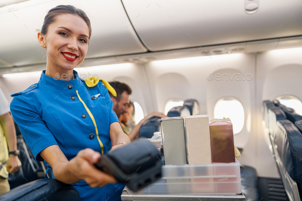 Portrait of charming airline stewardess smiling at camera, holding terminal for passenger