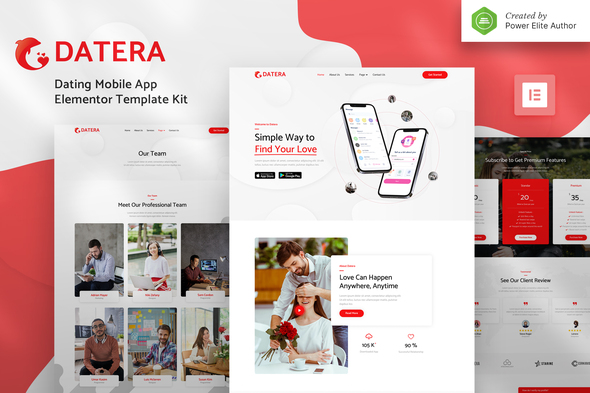 Datera – Online Dating Mobile App Landing Elementor Template Kit