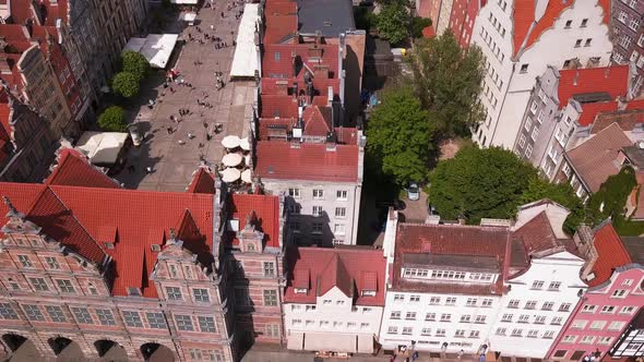 Gdansk Old Town Aerial Shot. Dolly shot looking down on red rooftops