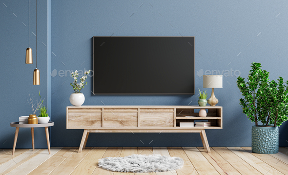 Mockup television on cabinet in contemporary empty room.