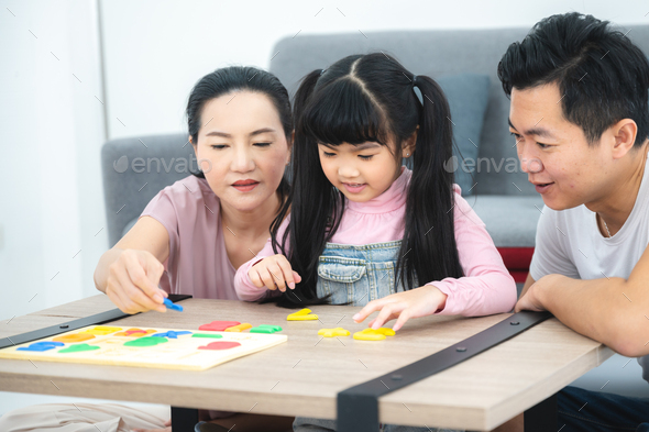 Asian Children Family With Father And Mother At Home, Little Girl 