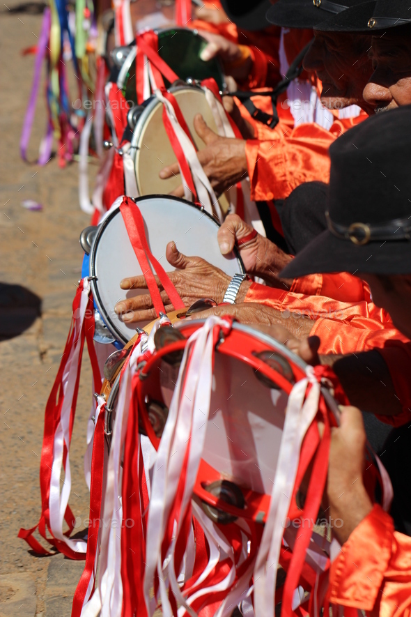 People playing tambourine at the traditional religious festival Stock