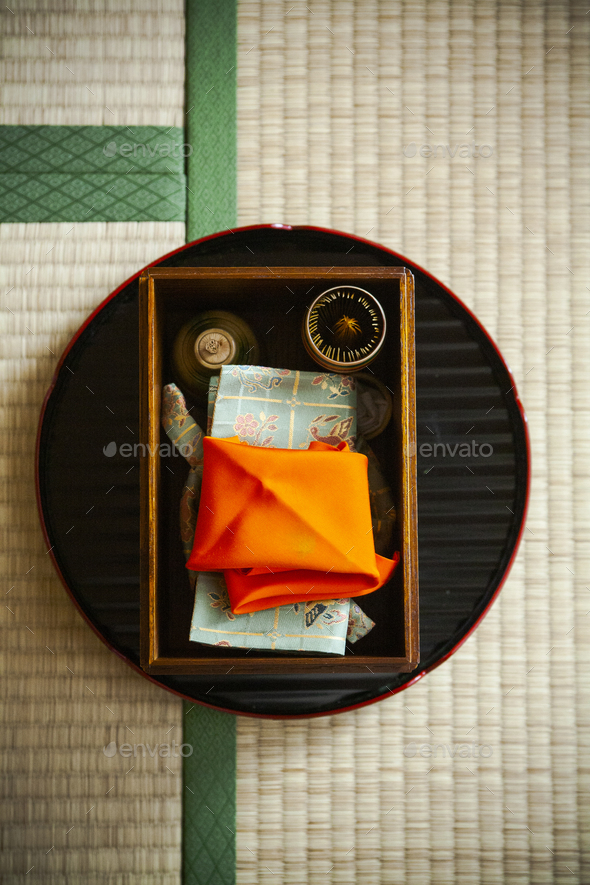 Top view of japanese tea ceremony equipment Stock Photo by scopioimages