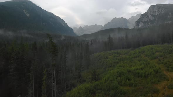 Aerial View of Wild Mountain Valley with River Floating in a Creek alt