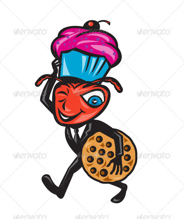 Male Ant Carrying Cupcake and Cookie - Animals Characters