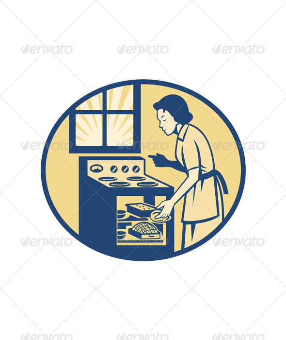 Housewife Baker Baking in Oven Stove Retro - People Characters
