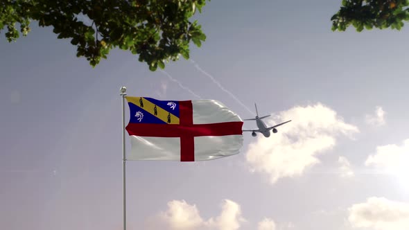 Herm Flag With Airplane And City -3D rendering alt