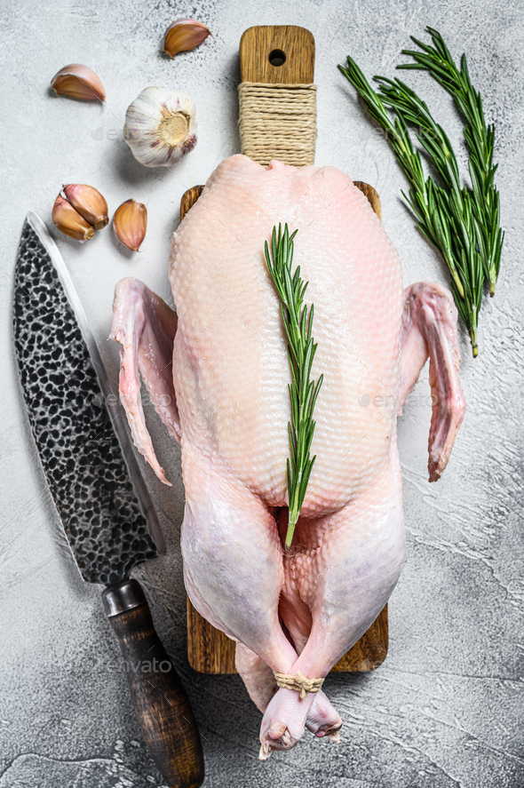 Raw whole goose, poultry meat. Black background. Top view Stock Photo ...