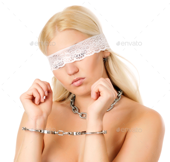 Beautiful woman portrait with blindfolded eyes. Submissive Stock Photo