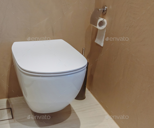 Modern toilet interior design, hanging toilet bowl, and brush, beige