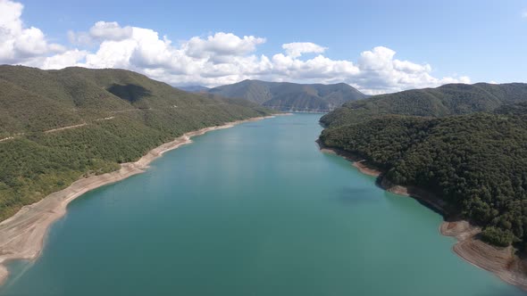 Aerial view of Zhinvali Reservoir. Ananuri Lake with blue water in Georgia. alt