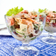 Salad with shrimp and tomatoes in glass on tablecloth - PhotoDune Item for Sale