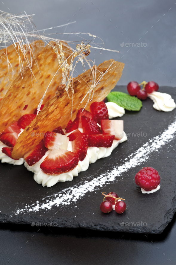 An appetizing dessert with crispy biscuits - Stock Photo - Images