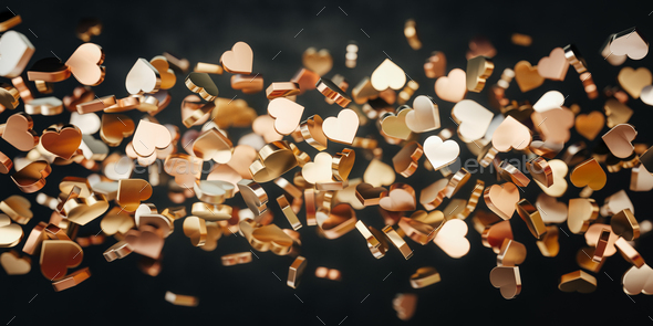 Beautiful abstract background. The Flow of golden hearts on black background.
