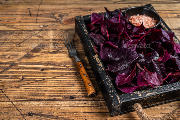 Fresh raw Swiss Ruby or red chard salad Leafs in a wooden tray. wooden background
