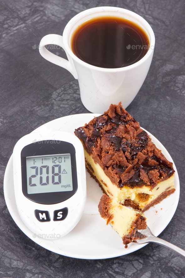 Glucose meter with high and bad result sugar level and fresh baked cheesecake with coffee