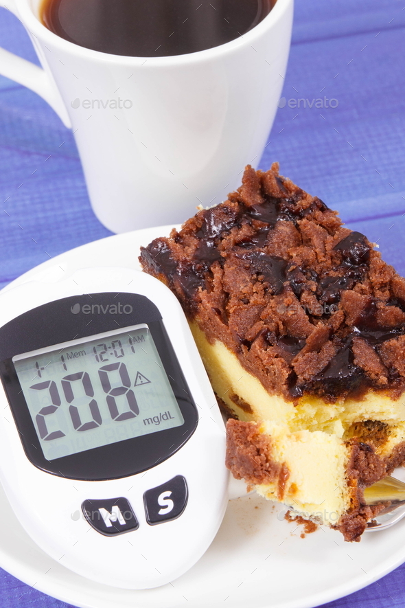 Glucose meter with high and bad result sugar level and fresh baked homemade cheesecake with coffee