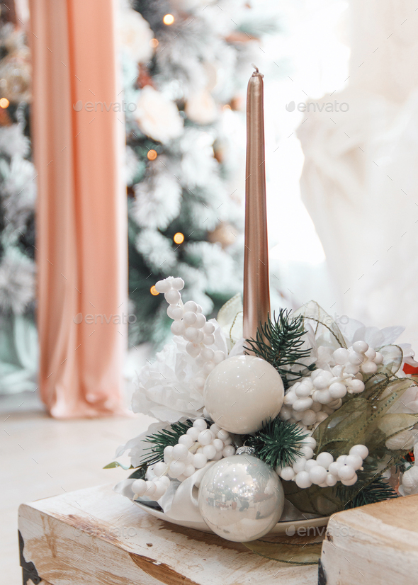 Christmas Or New Year Home Decor With Candle Stock Photo By Katrinshine - New Year Home Decor