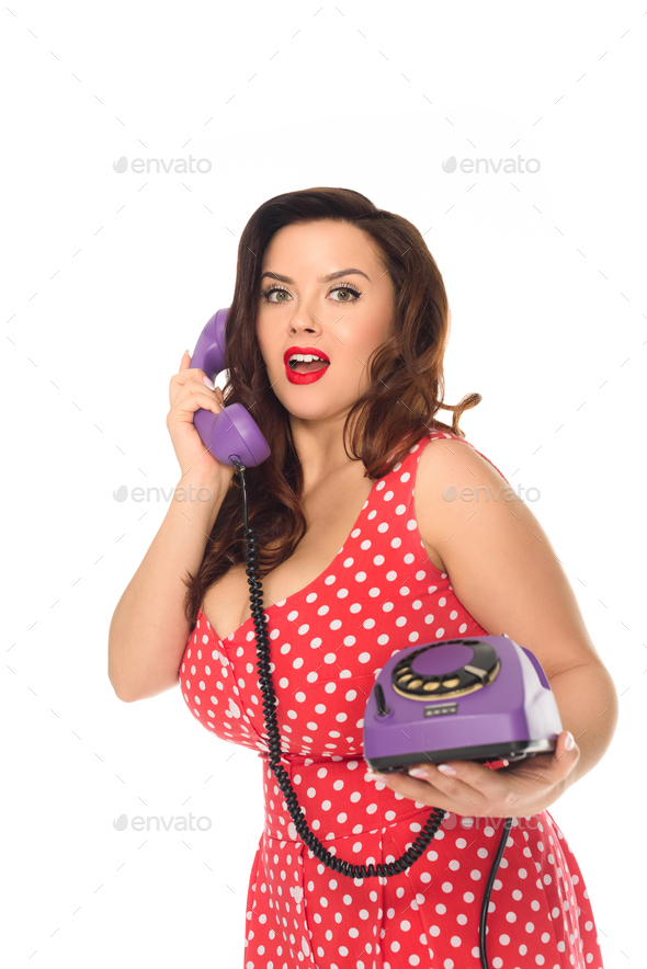 Excited Plus Size Woman Talking By Vintage Rotary Phone Isolated On 