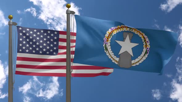 Usa Flag Vs Northern Mariana Islands Flag  On Flagpole alt