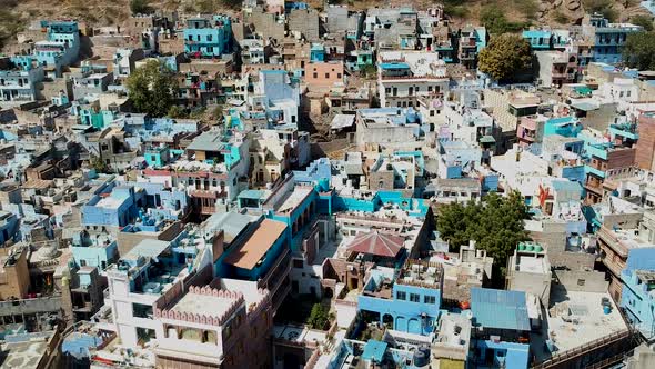 Aerial establishing shot of the Blue city, Jodhpur, Rajasthan, India alt