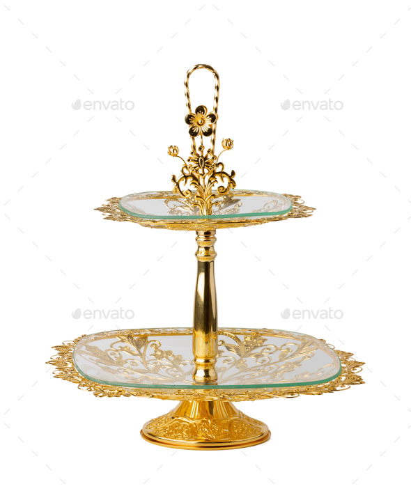 Oriental golden cake stand isolated on white background