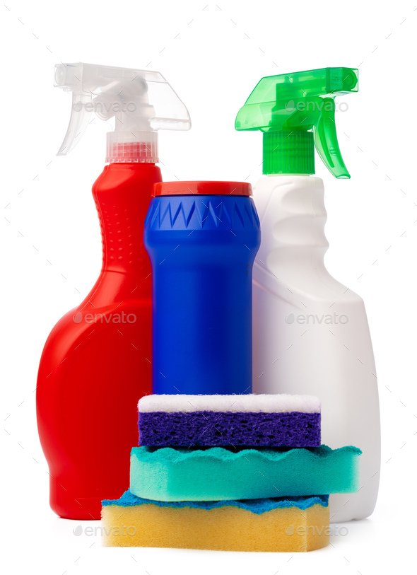 Free Fast Delivery Collection of various household cleaning products  isolated on a, household products