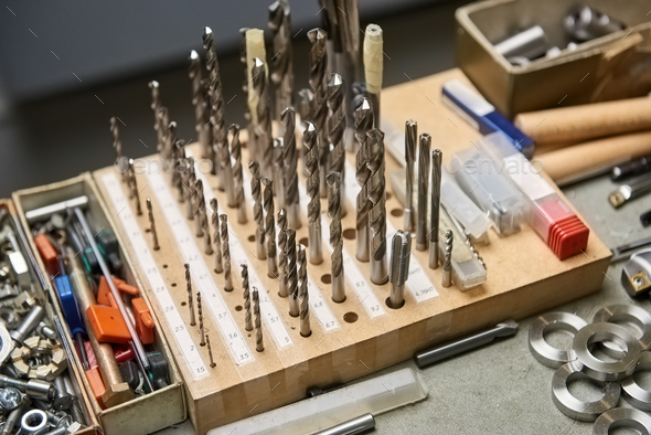 Set of different drill bits.